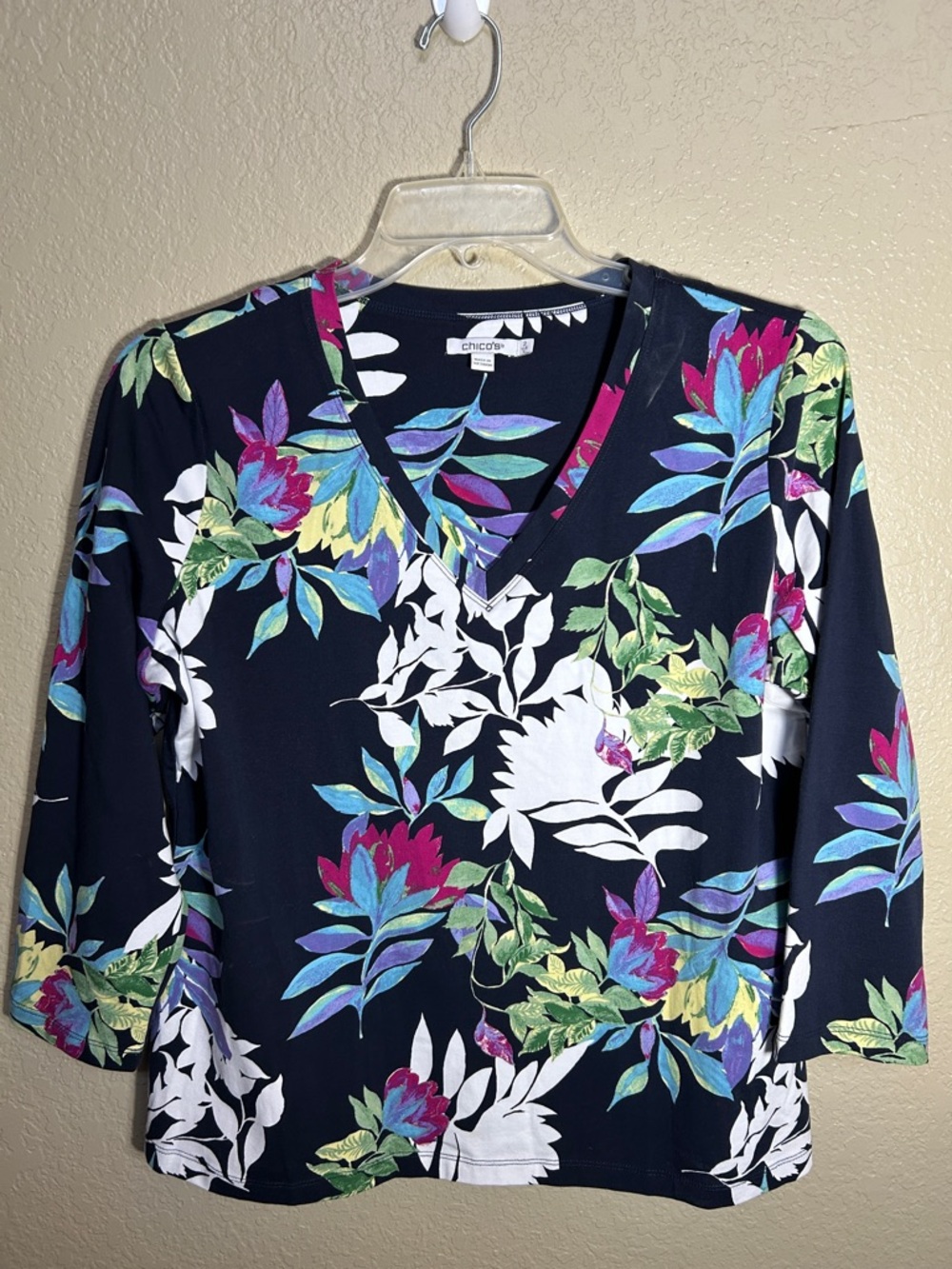 CHICO’S Tropical Vacation Resort Wear Cruise Beach Pool Boxy Fit Stretch Top